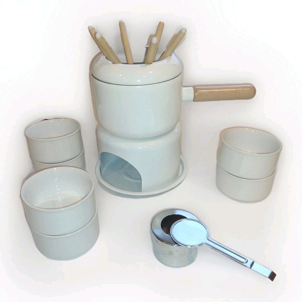 White Enamel Fondue Pot with Stand, Dipping Forks, 6 Bowls Cottagecore Farmhouse